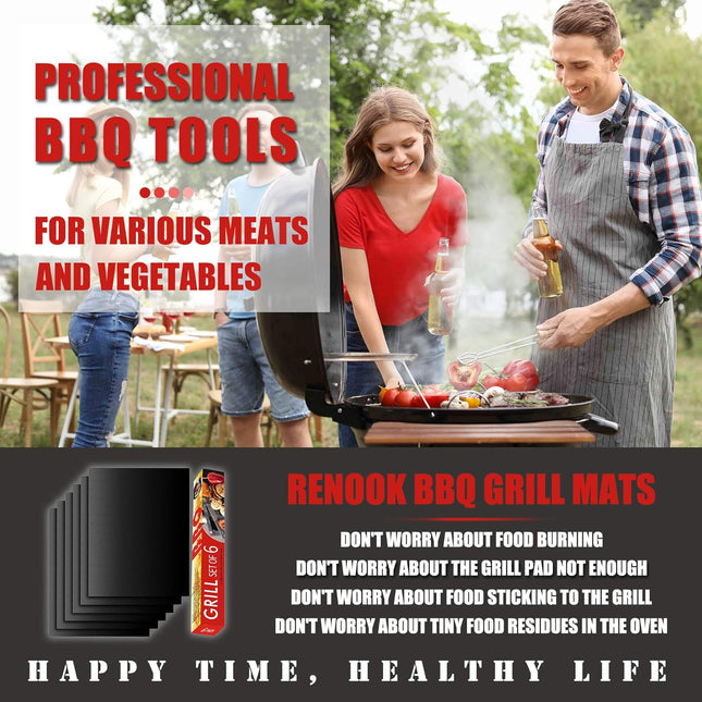 Renook Grill Mat Set of 6-100% Non-Stick Reusable Mats for Gas, Charcoal or Elec