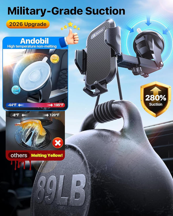 andobil Military-Grade Phone Holders for Your Car 【89+ LBS Strongest Suction & Metal Clip】 2026 Ultimate Car Phone Holder, Dashboard Windshield