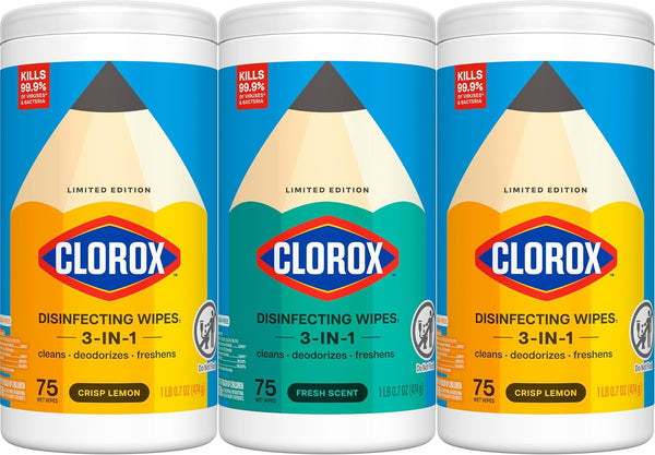 Clorox Disinfecting Wipes Back to School Variety Pack, 75 Count Each, Pack of 3 (Package May Vary) Lemon + Fresh 75 Count (Pack of 3)