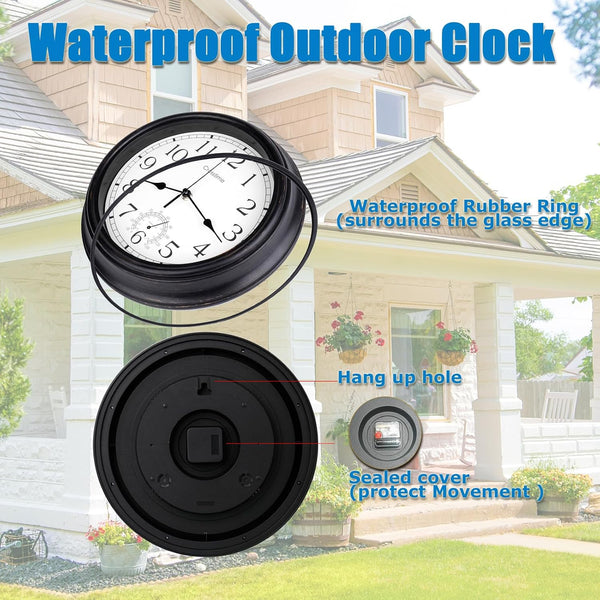 16 Inch Large Outdoor Clock Waterproof with Thermometer Retro Wall Clocks for Patio Pool Garden Home,Bronze 16" Bronze