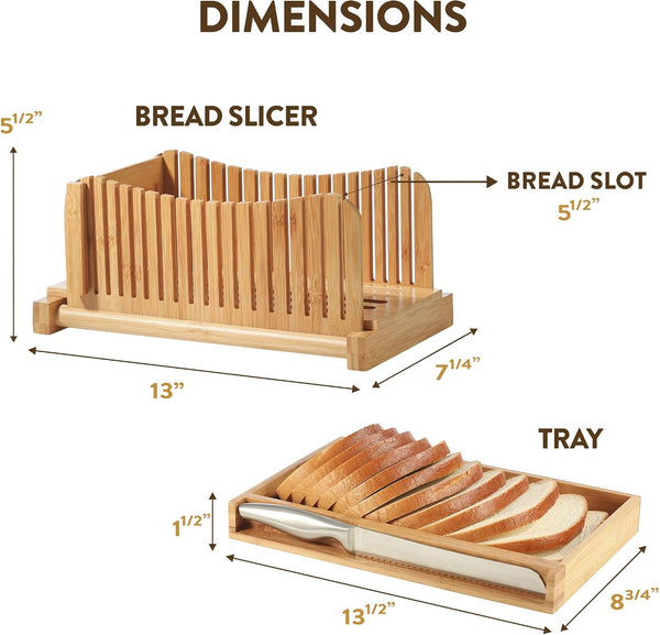Bread Slicer for Homemade Bread - Bamboo Bread Slicer with Knife, Foldable Bread Slicing Guide with 3 Adjustable Thickness, Crumb Tray, Bread