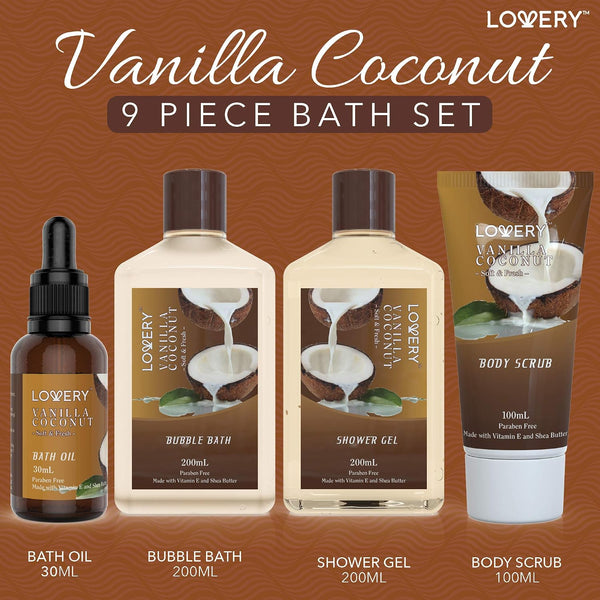 Gifts For Women Gift Basket for Women– 9 Piece Set of Vanilla Coconut Home Spa Set, Luxurious Gifts for Her, Bath and Body Sets Includes Fragrant