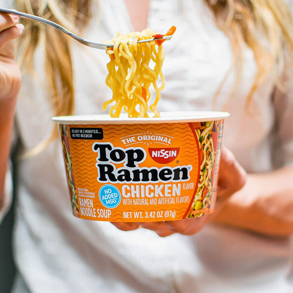 Nissin Top Ramen Bowl Ramen Noodle Soup, Chicken, 3.42 Ounce (Pack of 6) | Quick, convenient meal ready in minutes with just hot water. Chicken