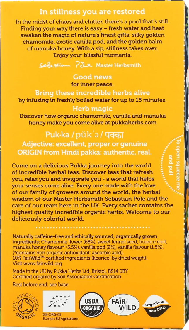 Pukka Organic Herbal Tea, Chamomile, Vanilla & Manuka Honey Tea, Honey & Fennel 