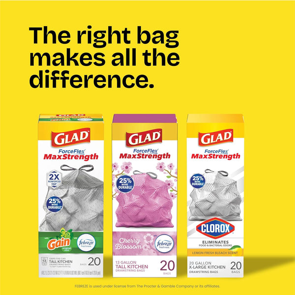 Glad ForceFlex MaxStrength Kitchen Trash Bags, Rip and Tear Resistant, Fresh Clean Scented Large Garbage Bags, Odor Control, Febreze Freshness, 20