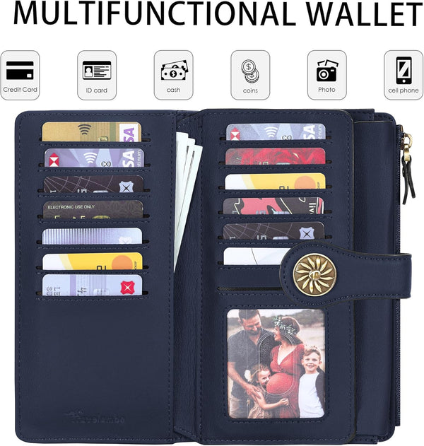 Travelambo Women's Wallet RFID Blocking Trifold Clutch Large Capacity Credit Card Holder Travel Purse ReNapa Blue Navy
