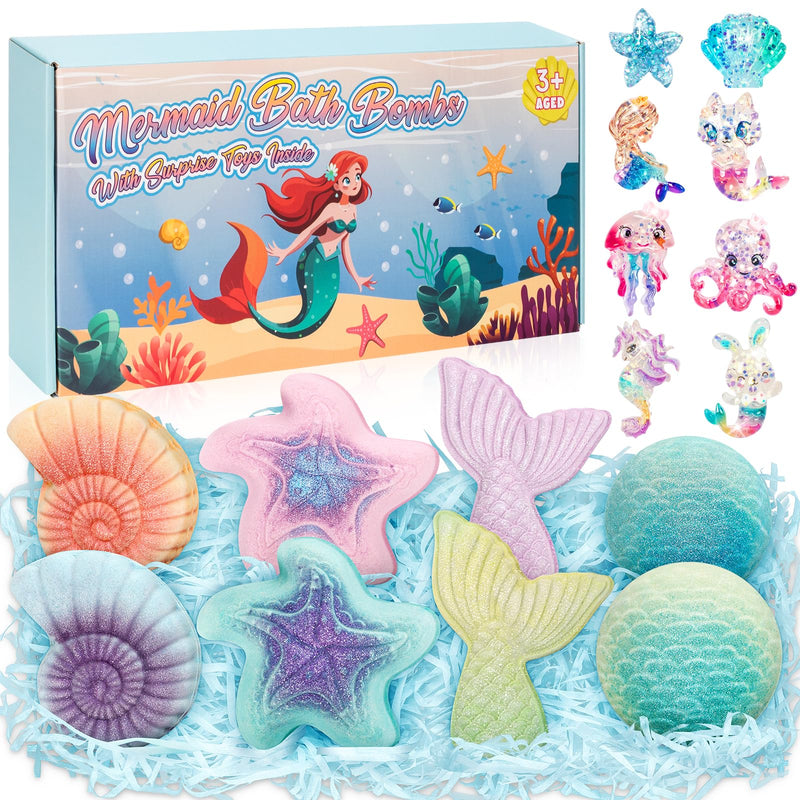 Mermaid Bath Bombs for Kids with Surprise Toys Inside, 8 Pcs Organic Natural Bubble Bath Bombs for Girls,Christmas Birthday Gift for 3 4 5 6 7 8