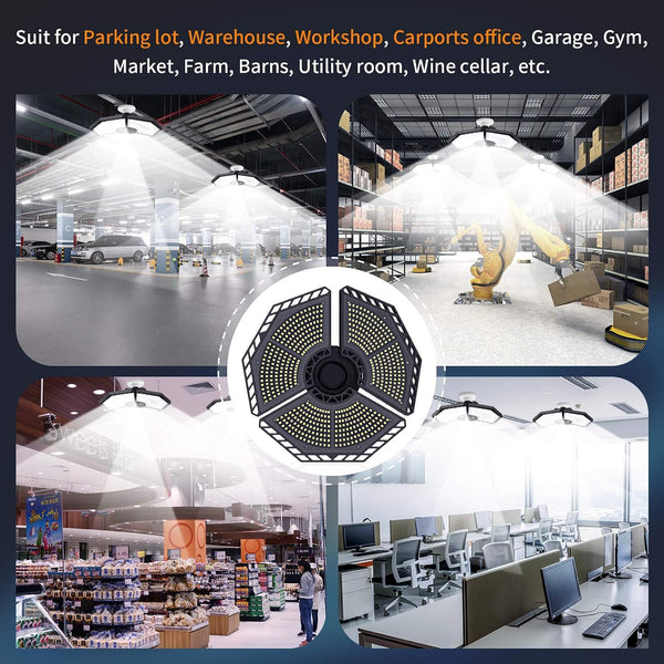 KERNOWO LED Garage Lights, 140W 18500 Lumens Garage Ceiling Lighting, 6000K Daylight with Deformable Three Panels Light Fixture E26/E27 Triple
