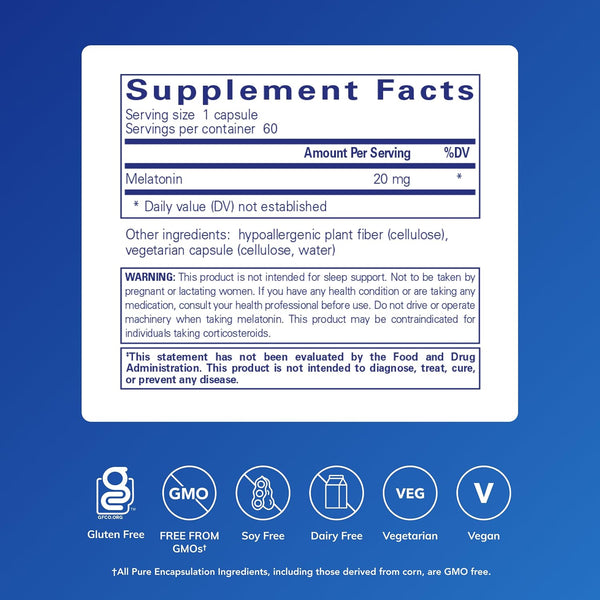 Pure Encapsulations Melatonin 20 Mg - Not Intended for Sleep Support - for Immune System & Healthy Cells - 99.5% Purity Melatonin - Gluten Free &