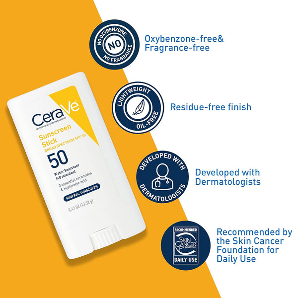 Cerave Mineral Sunscreen Stick SPF 50, Broad Spectrum SPF + Hyaluronic Acid + Ceramides, Titanium Dioxide & Zinc Oxide, 100% Mineral Face