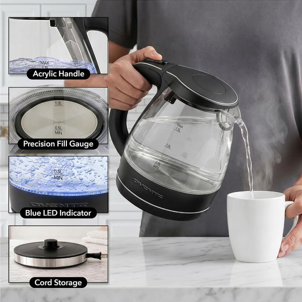 OVENTE Electric Kettle, 1.5L Borosilicate Glass Countertop Water Heater and Boiler for Coffee or Tea, BPA-Free, Auto Shut-Off, Boil-Dry
