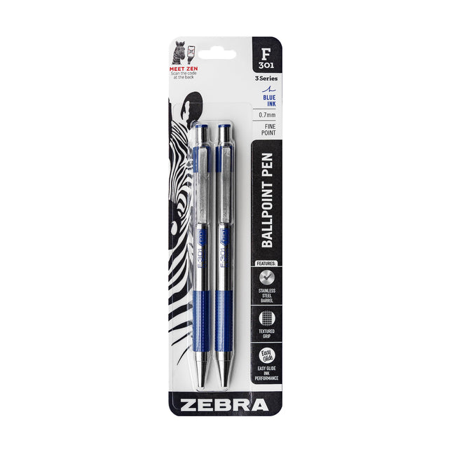 Zebra Pen F-301 Retractable Ballpoint Pen, Stainless Steel Barrel, Fine Point, 0