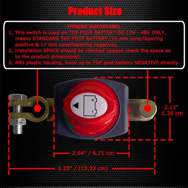 Ampper Top Post Battery Disconnect Switch, 12-48 V Battery Power Cut Master Switch Disconnect Isolator for Car, Vehicle, RV and Boat (Negative,