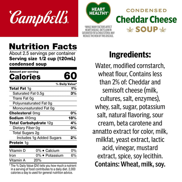 Campbell's Condensed Heart Healthy Cheddar Cheese Soup, 10.75 oz Can (12 Pack) Cheddar Cheese 10.75 Ounce (Pack of 12)