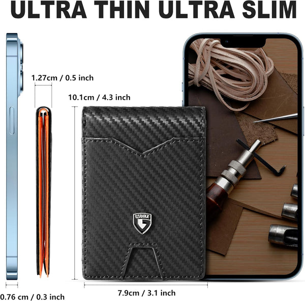 GSOIAX Slim Wallet for Men Rfid Blocking Leather Bifold Front Pocket Carbon Fiber Men's Money Clips Credit Card Holder With Gift Box Carbon Black
