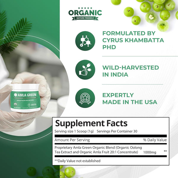 Amla Powder & Green Tea Superfood Supplement, 20x Ultra Concentrated Amla, Antioxidant Support, Made with Oolong Tea and Indian Gooseberries,