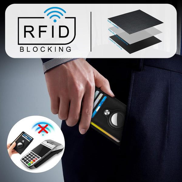 Slim Minimalist Front Pocket Air Tag Wallet, RFID Blocking Card Holder Wallet with Airtag Holder Black
