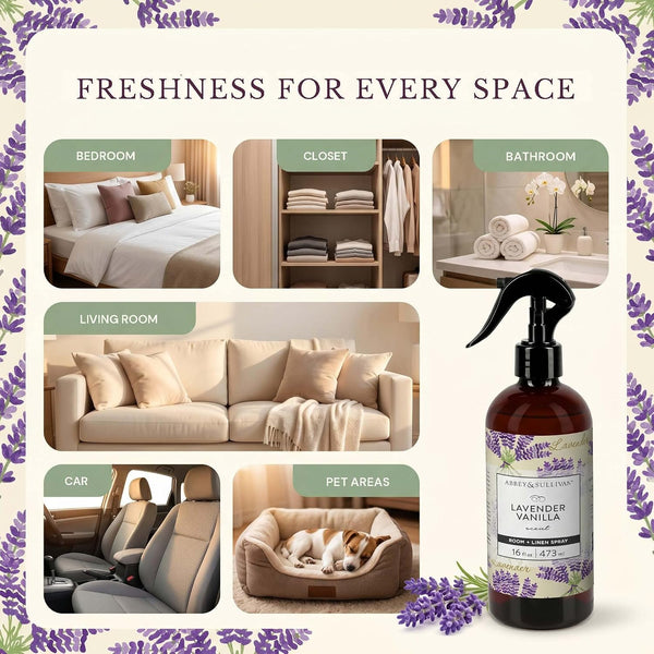 Abbey & Sullivan Odor Eliminating and Refreshing Linen and Room Spray, Lavender Vanilla, 16 oz.