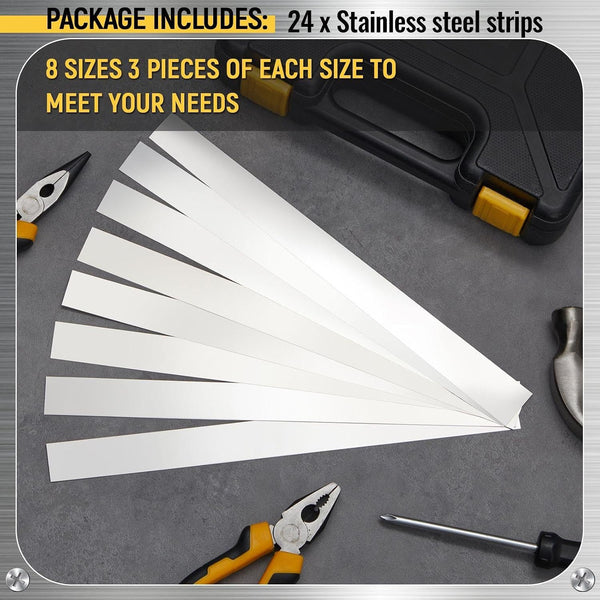Blulu 24 Pcs 304 Stainless Steel Strips Metal Shim Stock Assortment 1" Width x 12" Length 8 Thickness Sizes Thin Metal Shims for Kitchen Trim Gap
