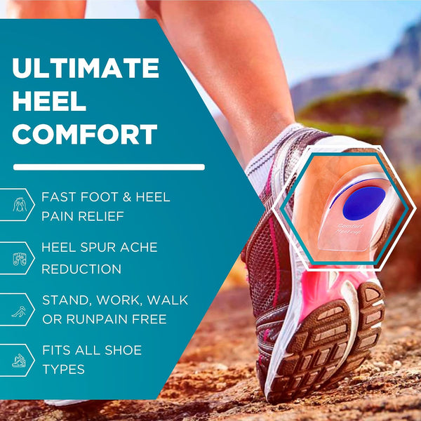 Heel Cups for Achilles Tendonitis & Plantar Fasciitis - 2 Pack Gel Shoe Inserts for Heel Pain Relief, Arch Support, for Women & Men 2-pack Blue
