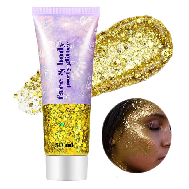 Go Ho Gold Face Body Glitter,Mardi Gras Glitter Makeup Gold Face Paint,Holographic Chunky Sequins Glitters for Eye Lip H