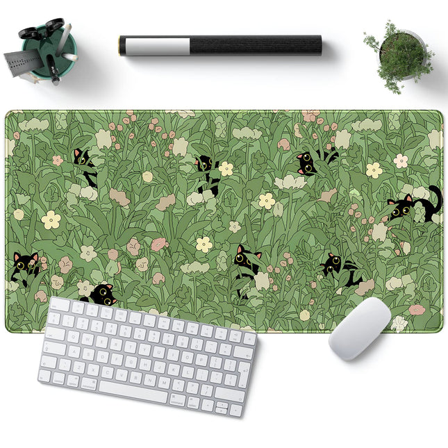 Green Desk Mat XL Cat Cute Plant Cool Desk Pad Keyboard Mat Kawaii Black Cat Flo