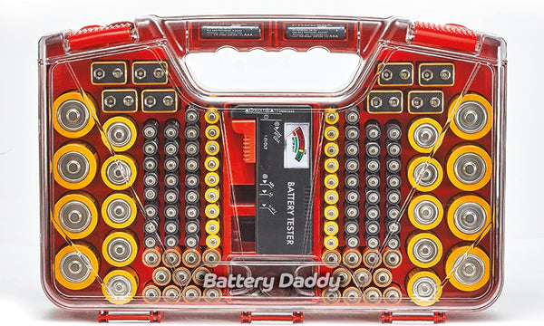 Ontel Battery Daddy Storage & Organizer Case w/Tester, Stores & Protects Up to 180 Batteries, Double-Sided, Clear Locking Lid, Secure Latches &