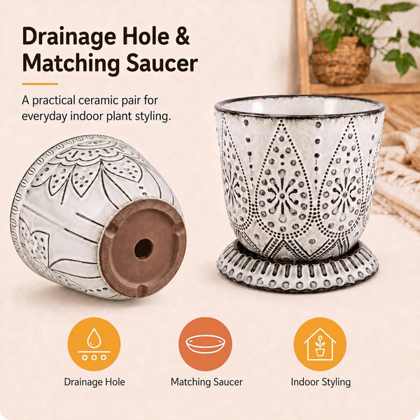 Gepege 6 Inch Beaded Ceramic Planter Set of 2 with Drainage Hole and Saucer for Plants, Indoor-Outdoor Large Round Succulent Orchid Flower Pot