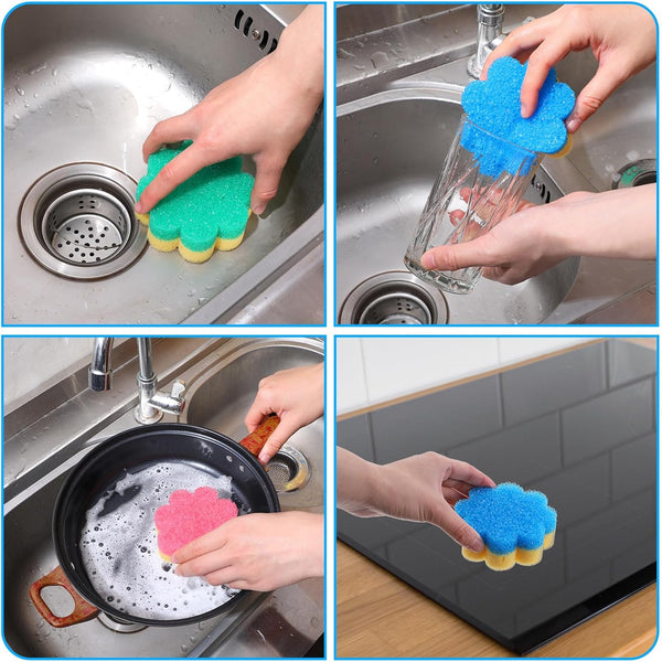 3Pcs Dish Soap Sponge, Dish Washing Sponge,Dual-Sided Temperature Scrubby Sponges,Flower Dual-Sided Sponge for Dish, Bathroom, Kitchen, Washing &