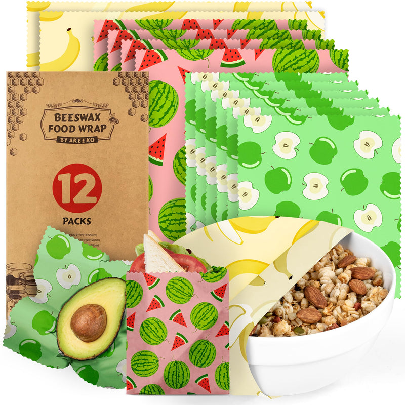Akeeko Reusable Beeswax Food Wraps - Assorted 12 Pack, Reusable, Plastic-Free Food Storage, Sustainable Gifts, 3 Sizes (6S,4M,2L) Assorted Fruits II