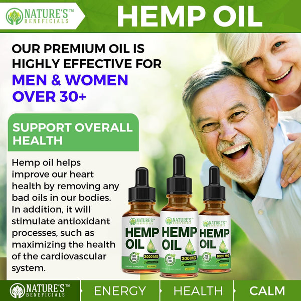NATURE'S BENEFICIALS Organic Hemp Oil Extract Drops, 300Mg - Omega Fatty Acids 3 6 9, Non-Gmo Ultra-Pure CO2 Extracted
