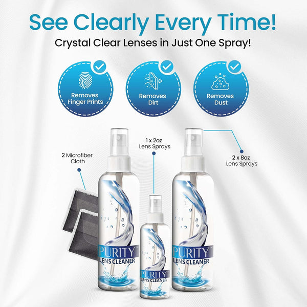 Purity Eyeglass Lens Cleaner Kit - 2 x 8oz and 1 x 2oz Lens Cleaner Spray Bottle + 2 Microfiber Cleaning Cloths - Safe for All Lenses (AR Coated