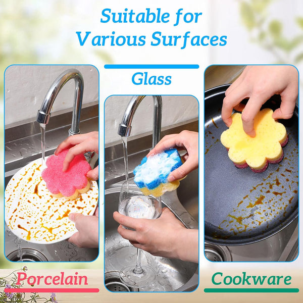 3Pcs Dish Soap Sponge, Dish Washing Sponge,Dual-Sided Temperature Scrubby Sponges,Flower Dual-Sided Sponge for Dish, Bathroom, Kitchen, Washing &