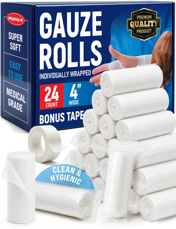 24 Gauze Rolls - 4" x 4.1yd - Soft and Breathable Rolled Gauze - Latex-Free Premium Individually Wrapped Bandages with Bonus Tape - First Aid