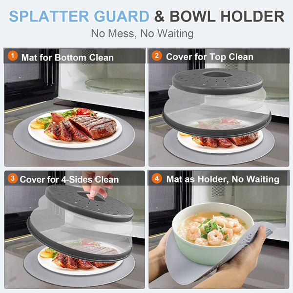 LekDrok 10 Inch Microwave Food Cover & Collapsible Silicone Mat - Splatter Guard, Plate Holder & Kitchen Colander for Meal Prep, Charcoal Cover+10"Mat