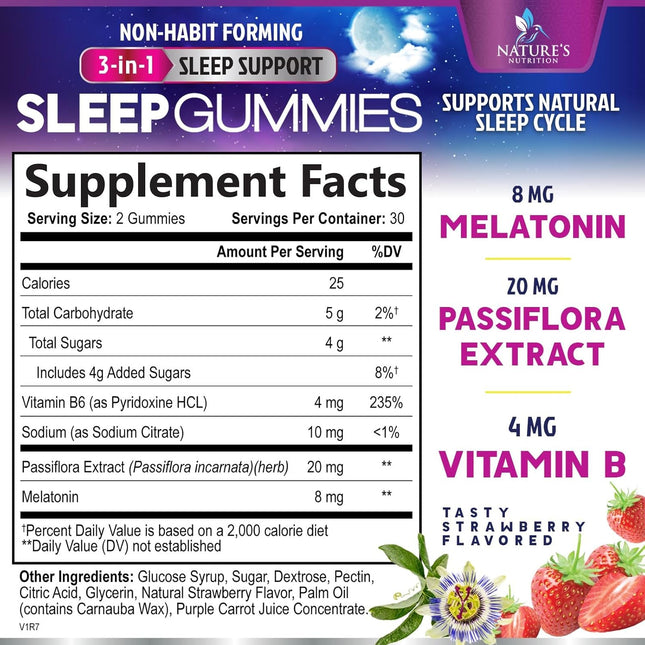 Sleep Gummy 8Mg Melatonin - Extra Strength Sleep Support with 20Mg Passiflora, N