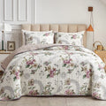 Flysheep 3 Pieces Quilt Set Full/Queen Size, Beige Floral Reversible Bedspread Coverlet Set, Soft Microfiber Lightweight Bed Cover for All Season