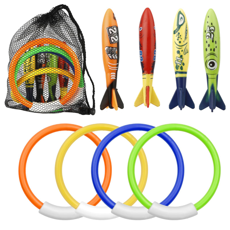 8 Pack Pool Toys, Shark Underwater Training Pool Diving Rings & Torpedo for Kids Ages 4-12, Summer Swim Water Fun Multicolored