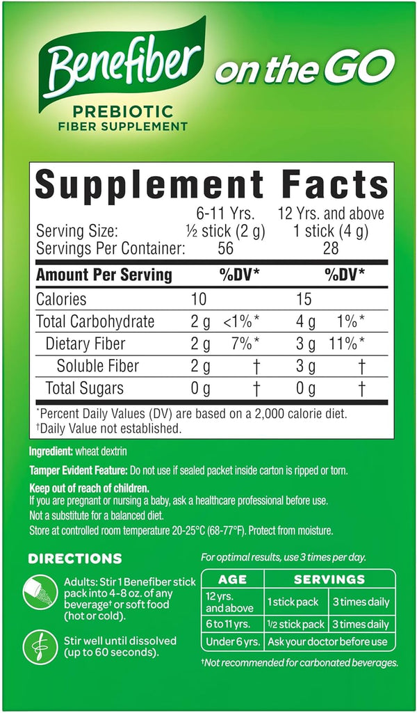 Benefiber On the Go Prebiotic GLP-1 Friendly Fiber Supplement Powder for Digestive Health, Daily Fiber, Unflavored - 28 Sticks (3.92 Ounces) 28