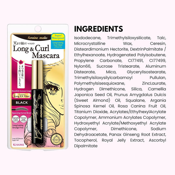 HEROINE MAKE by KISSME Long & Curl up Waterproof Mascara Black, Lengthening & Volume Fiber Tubing Mascara Makeup, WP 01