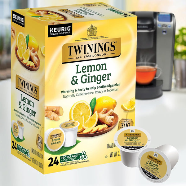 Twinings Lemon & Ginger Herbal Tea K-Cup Pods for Keurig, 24 Count (Pack of 1), Tangy & Spicy, Naturally Caffeine-Free, Enjoy Hot or Iced Lemon &