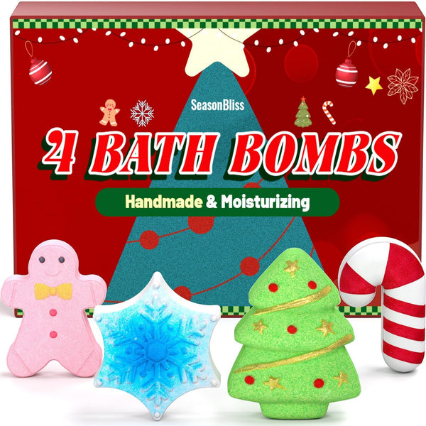 SeasonBliss Christmas Bath Bombs Set, Shower Bombs, Stocking Stuffer, 4 PCS Handmade Bubble Bath with Gingerbread & Christmas Tree & Candy Cane &