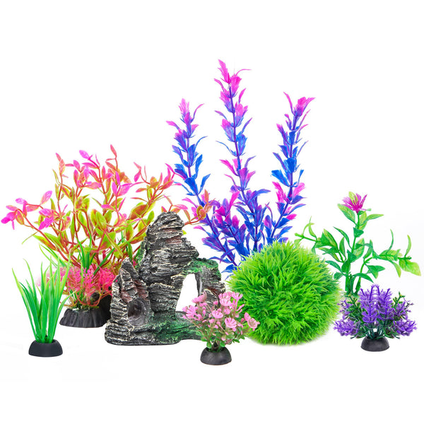 Ameliade Aquarium Artificial Plastic Plants Decorations and Rock Cave Decor Set Goldfish Betta Fish Tank Accessories Small Large Fish Bowl