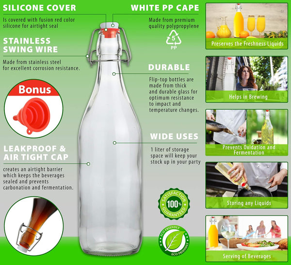 AYL Flip Top Glass Bottle [1 Liter / 33 Fl. Oz.] [Pack of 4] Ã¢ÂÂ Swing Brewing Bottle with Stopper for Beverages, Oil, Vinegar, Kombucha, Water,