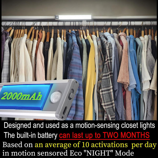 Rechargeable 2 Pack Bright 40LED Motion Sensor Activated Night Light for Closet, Kitchen Counter, Battery Operated under Cabinet Light, Cordless