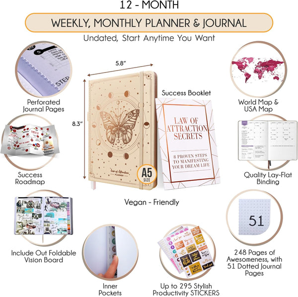Life Planner Deluxe Undated Planner Weekly and Monthly Manifestiing Journal | Start Anytime Manifestation Journal with Hourly Scheduling, Goal