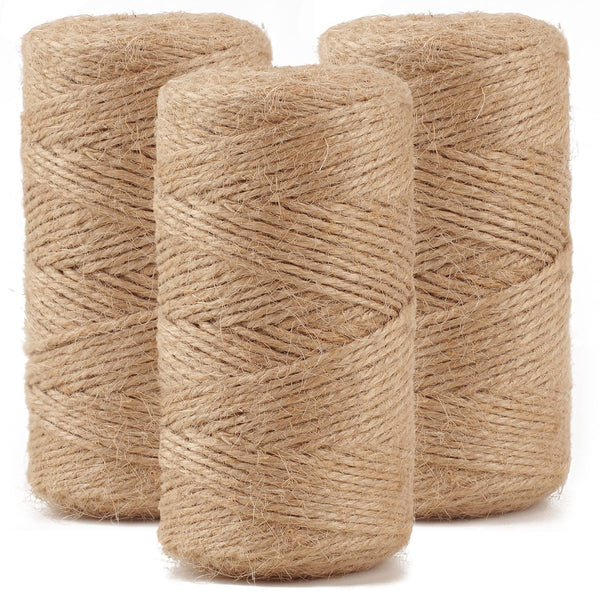 984 FT Natural Jute Twine, 3ply Thin Ribbon Hemp Twine for Gardening, Plant, Gift Wrapping, Art, Wedding Decoration, Packing, Bulk (3 Roll) 984 FT