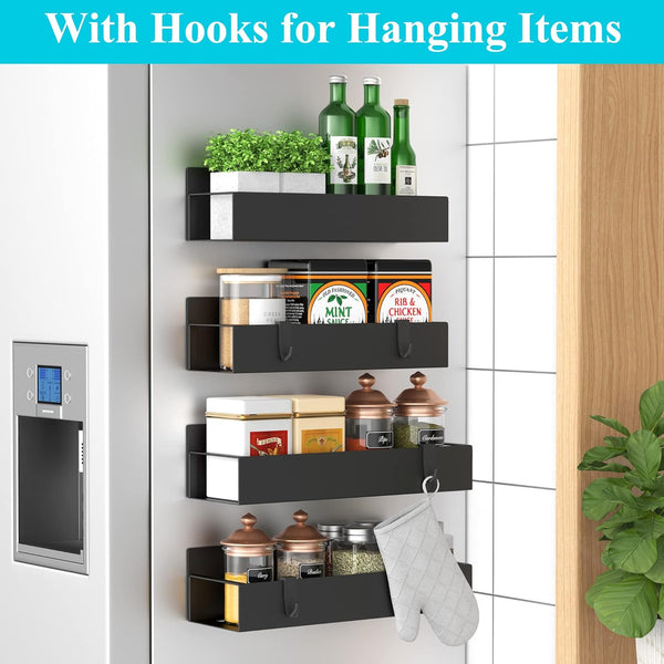 HuggieGems Metal 4 Pack Magnetic Spice Storage Rack Organizer for Refrigerator and Oven, Black Fridge Organizers and Storage, Metal 4 Pack Black