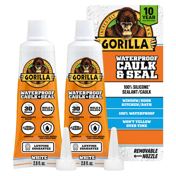 Gorilla 100% Silicone Caulk, Waterproof Sealant, 2.8oz Squeeze Tube (Pack of 2) – White -10 Year Mold Resistant Kitchen, Window, Bath, Marine,