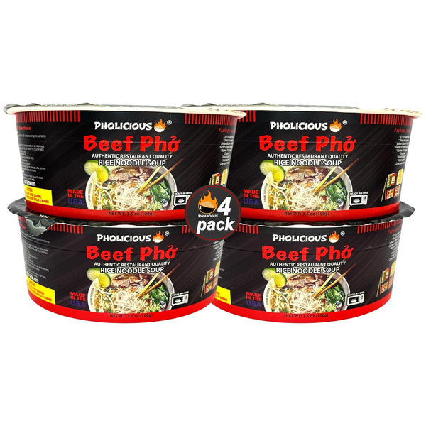 PhoLicious Instant Beef Pho, Authentic Vietnamese Rice Noodle Soup Kit with Spices & Broth Mix, Ramen Noodles Alternative, Quick Microwave Meal -